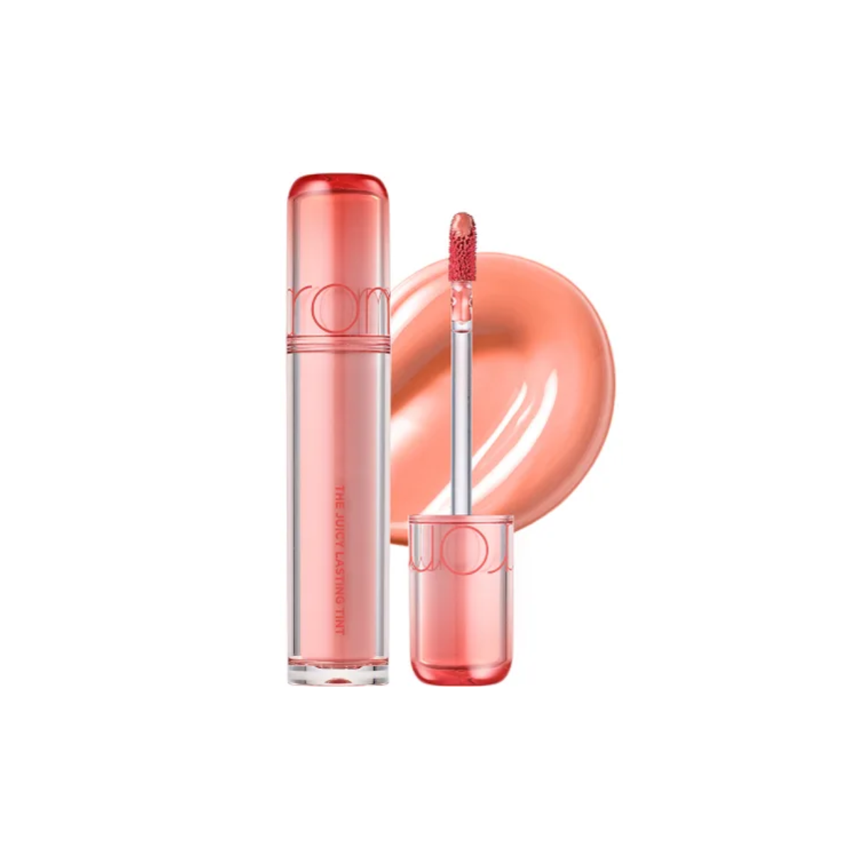 Rom&nd Juicy Lasting Tint lip tint in a sleek tube, showcasing vibrant color and applicator against a neutral background.