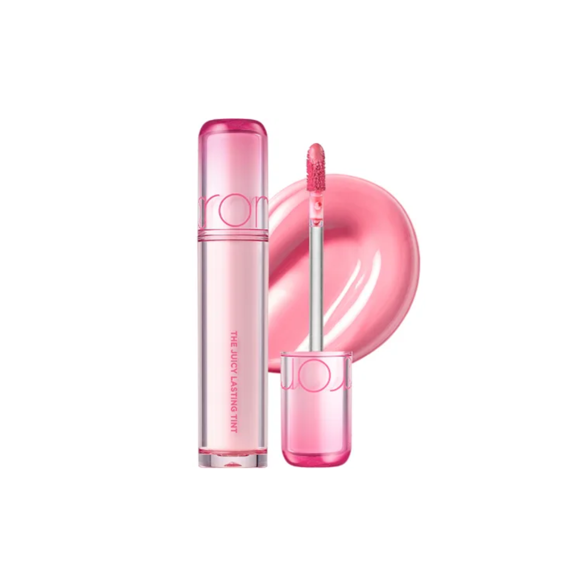 Rom&nd Juicy Lasting Tint lip tint in a vibrant shade, showing the product tube and applicator on a neutral background.