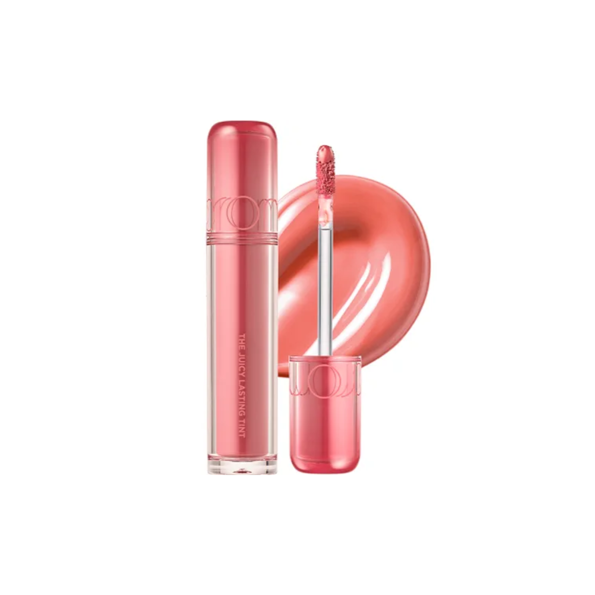 Rom&nd Juicy Lasting Tint lip tint in vibrant shades, showing the product tube and swatches on the lips for a natural look.
