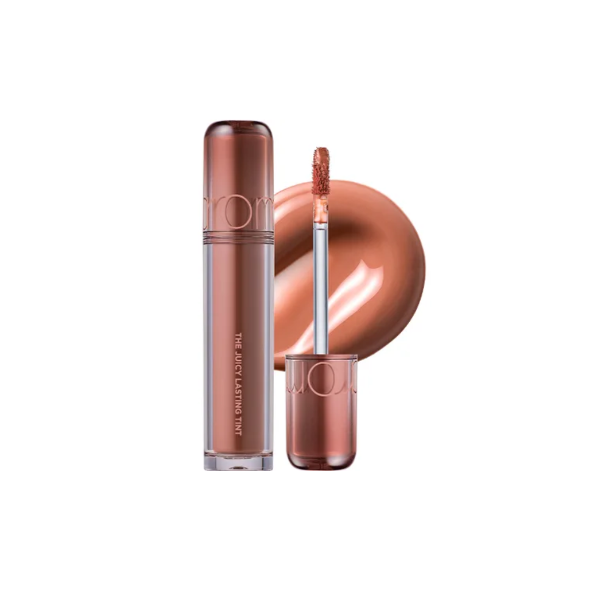 Rom&nd Juicy Lasting Tint lip tint in a vibrant shade, shown on a model's lips with a smooth, glossy finish.