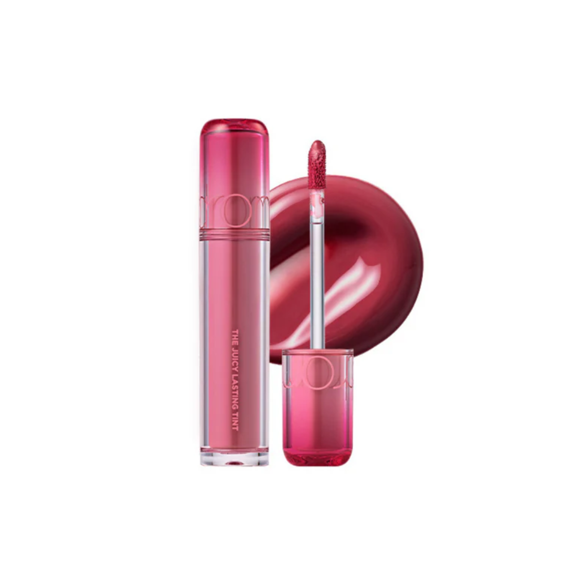 Rom&nd Juicy Lasting Tint lip tint in a vibrant shade, showing the applicator and a close-up of the tinted lips.
