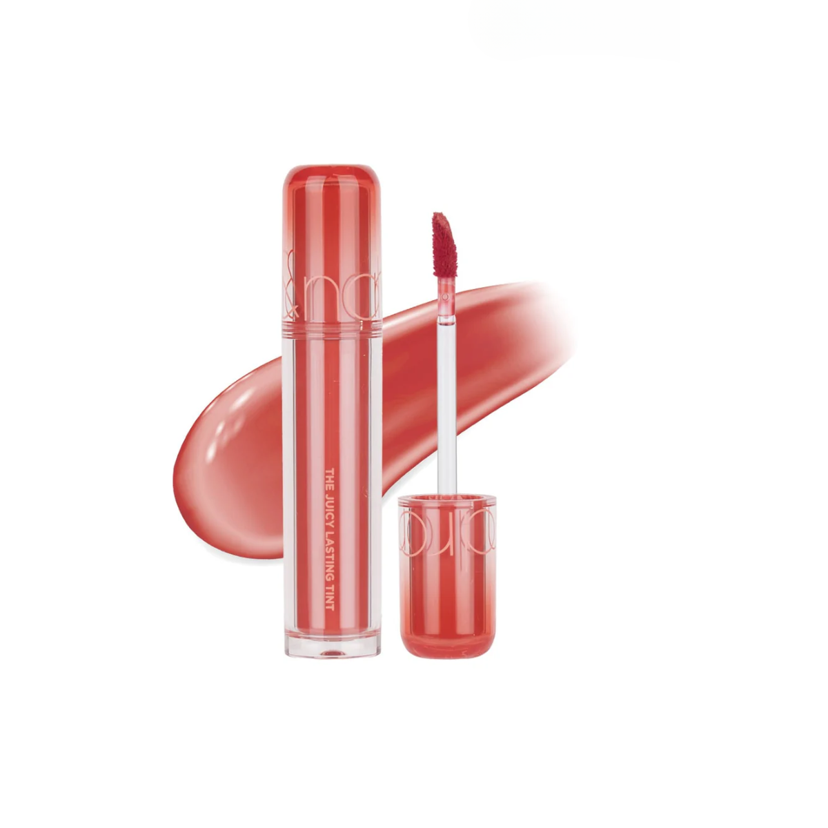 Rom&nd Juicy Lasting Tint lip tint in vibrant shade, showcasing a close-up of the product tube and applicator.