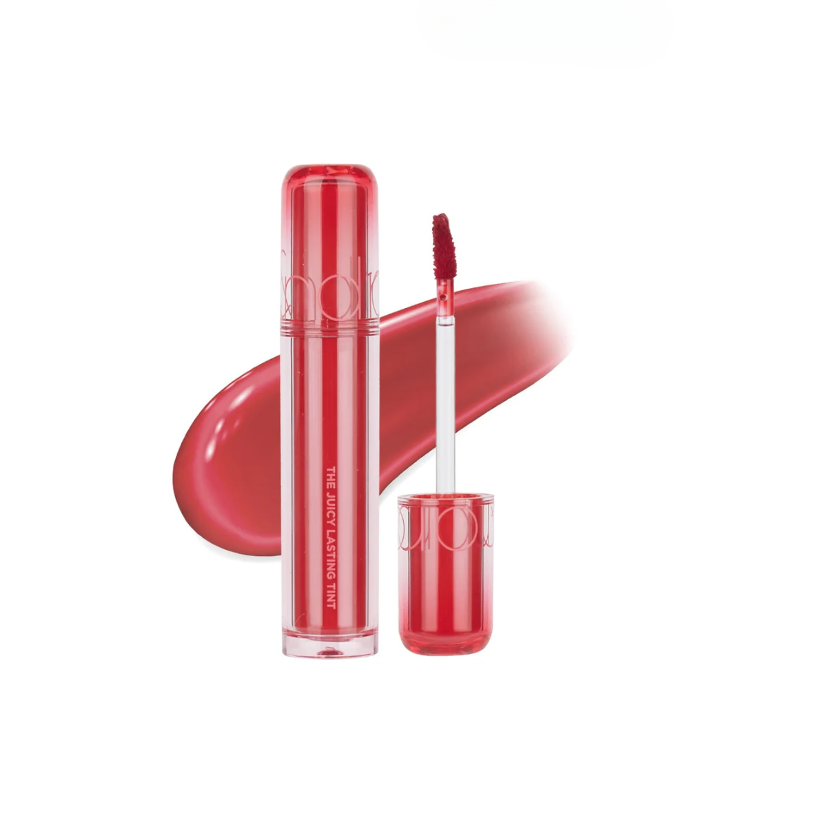 Rom&nd Juicy Lasting Tint lip tint with vibrant color in a sleek tube, shown with the applicator and glossy finish.