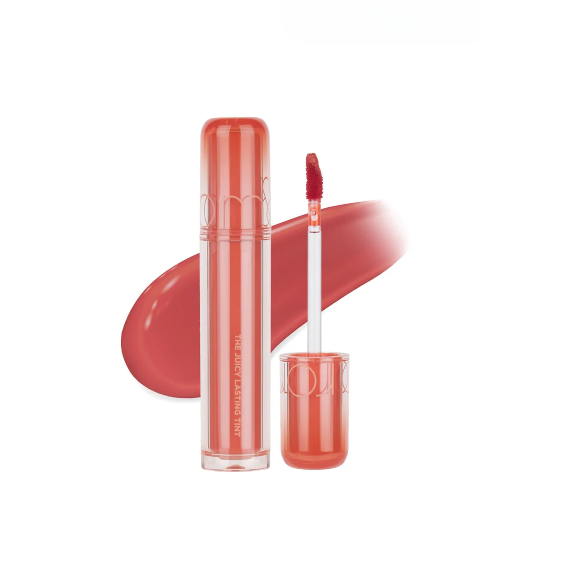 Rom&nd Juicy Lasting Tint lip tint tube with applicator, showcasing the vibrant color and sleek packaging.