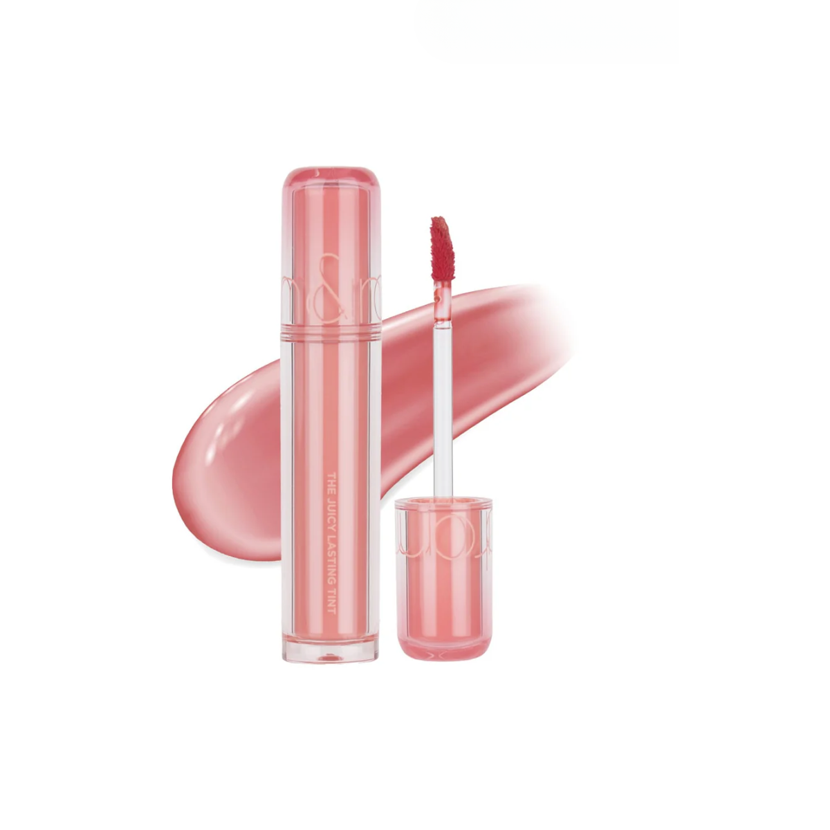 Rom&nd Juicy Lasting Tint lip tint bottle with a vibrant pink cap and clear body showing the tinted liquid inside.