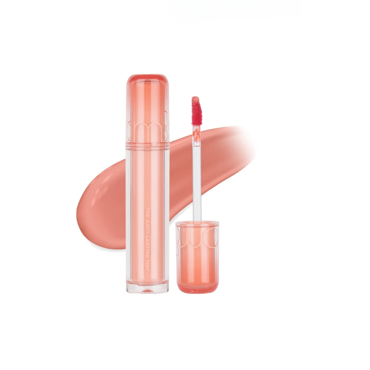 Rom&nd Juicy Lasting Tint lip tint in a sleek tube, showcasing the vibrant color and applicator for long-lasting, natural-looking lips.