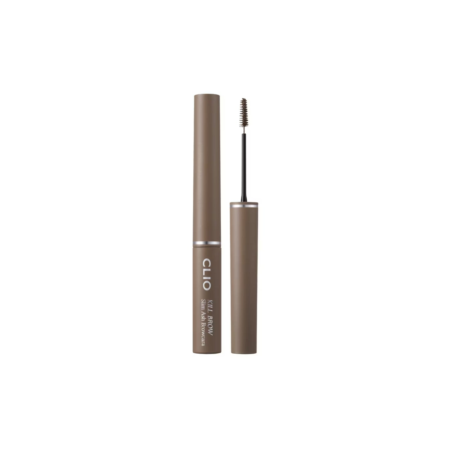 Clio Kill Brow Slim Ash eyebrowcara showing a slim, natural-looking eyebrow brush with ash-toned brow gel in a sleek container.