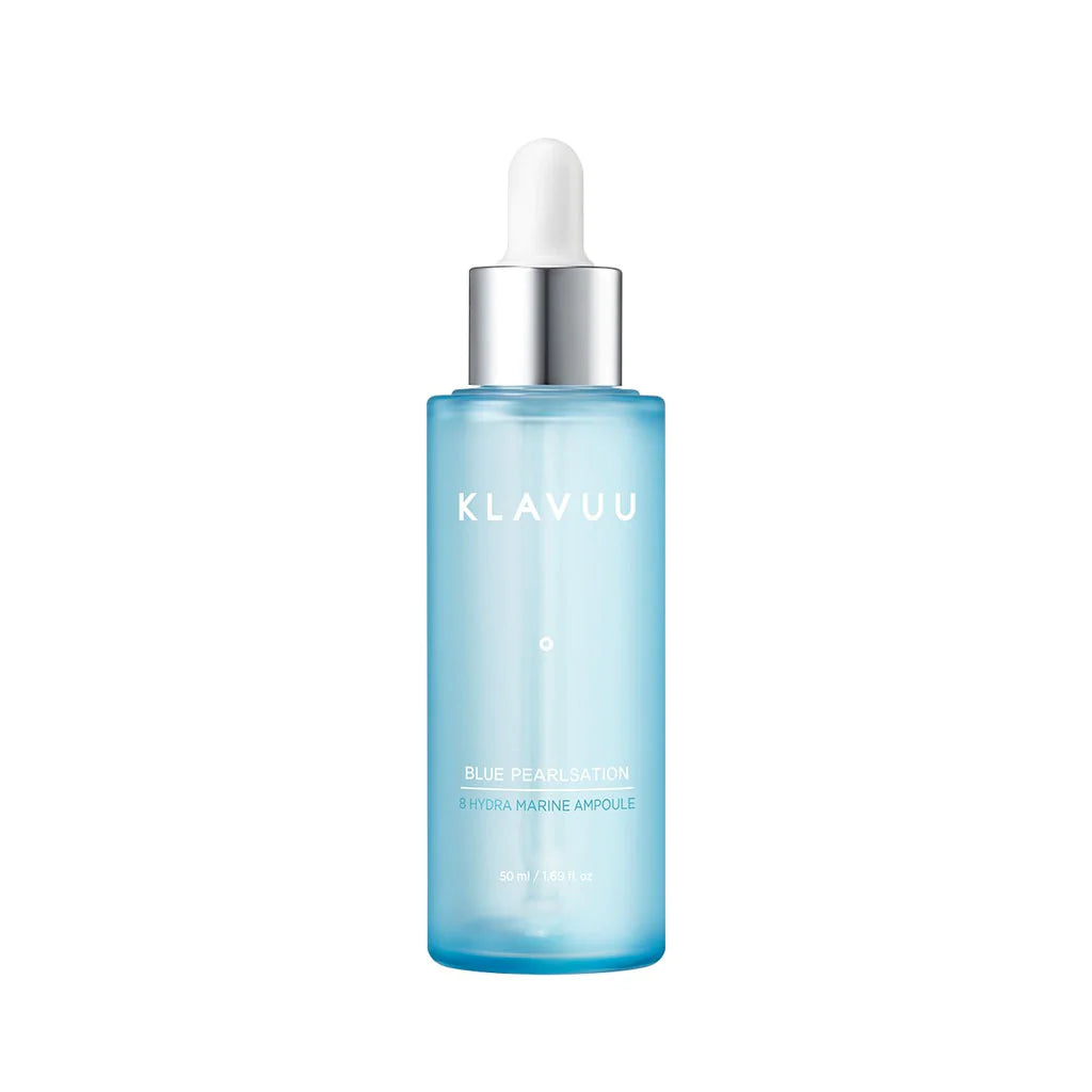 Blue Pearlsation 8 Hydra Marine Ampoule by Klavuu, 50ml, featuring a sleek blue bottle with a clear skincare ampoule inside.