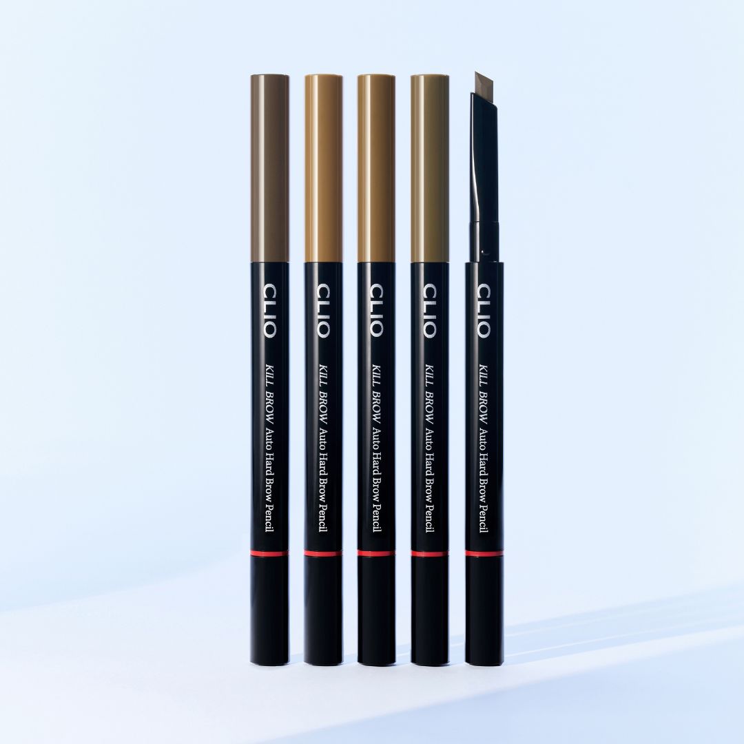 Clio Kill Brow Auto Hard Brow Pencil for defining and shaping eyebrows, with a sleek black and silver design.