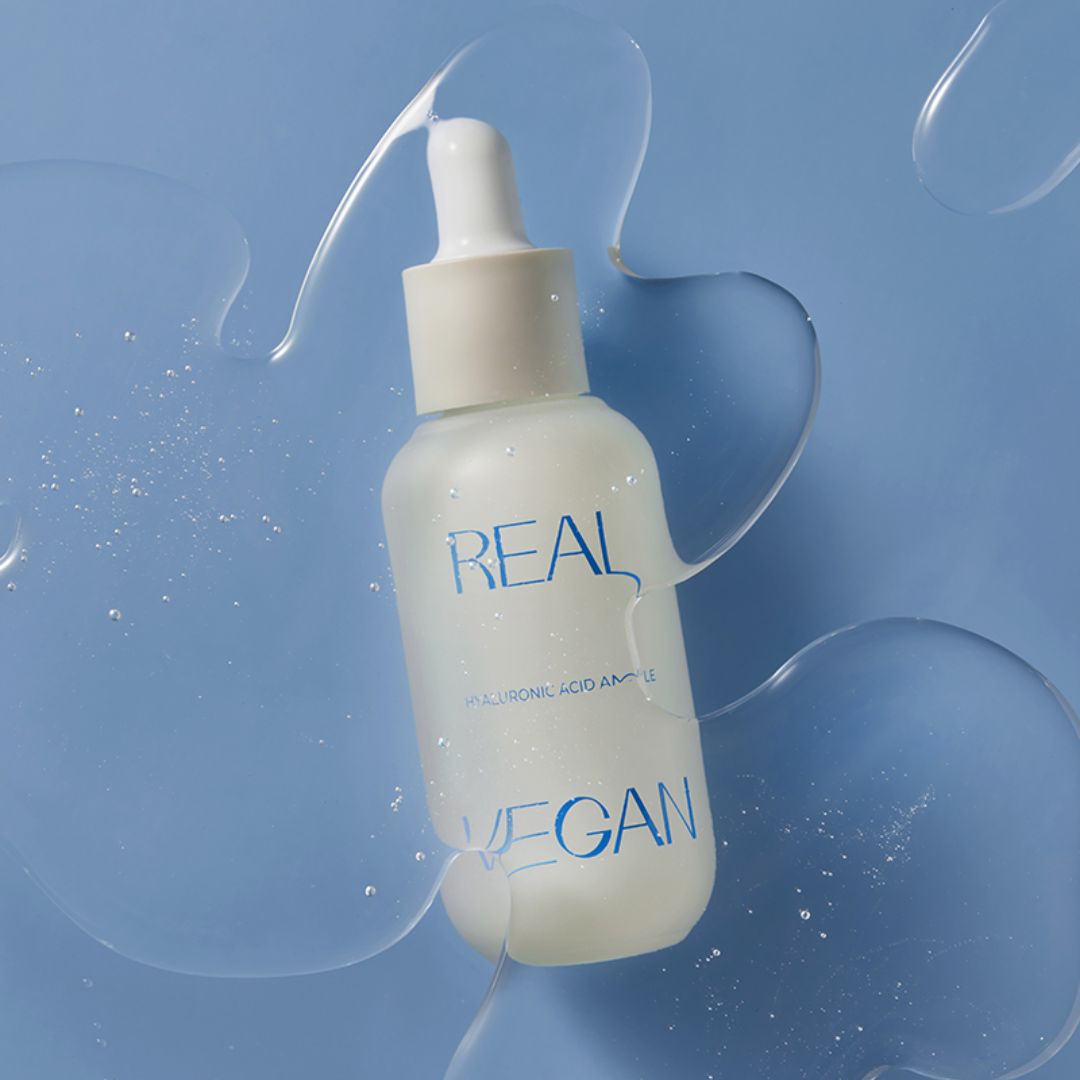 Klavuu Real Vegan Hyaluronic Acid Ampoule 30ml, clear glass bottle with dropper for hydrating skincare treatment
