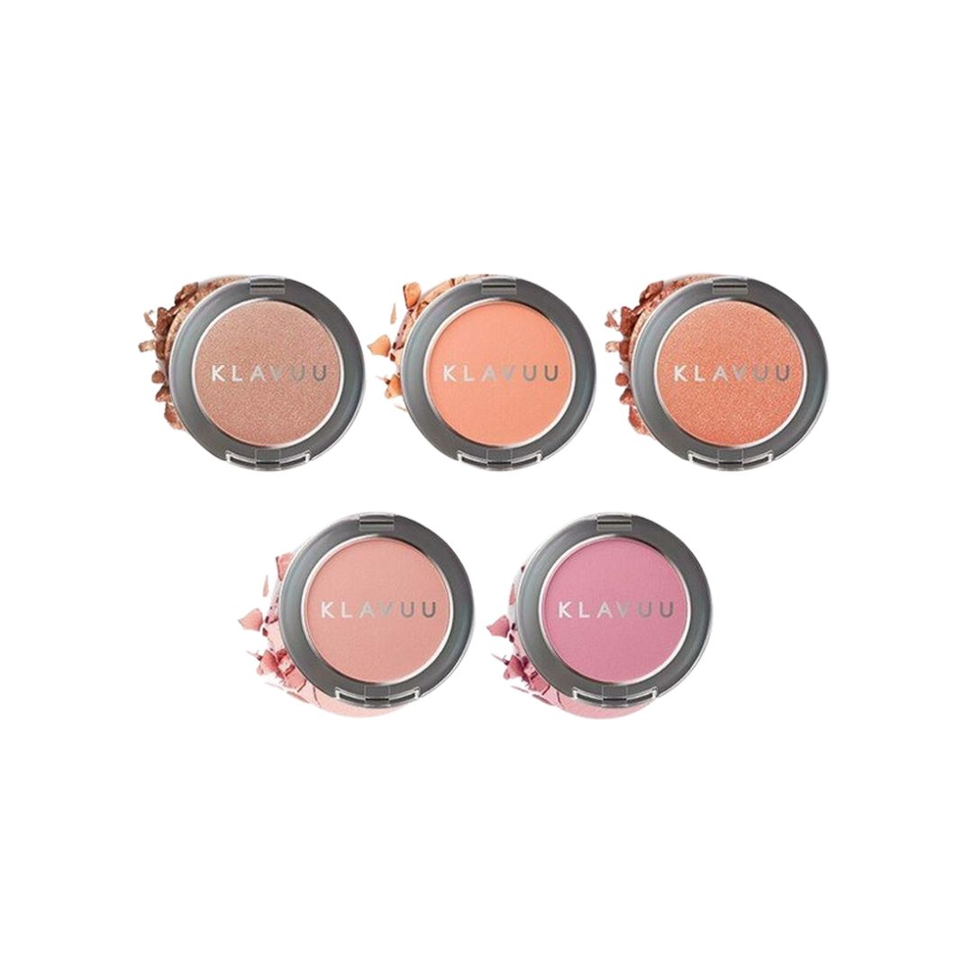 Klavuu Urban Pearlisation Natural Powder Blusher in five shades, showcasing a compact with smooth, pigmented blush powder.