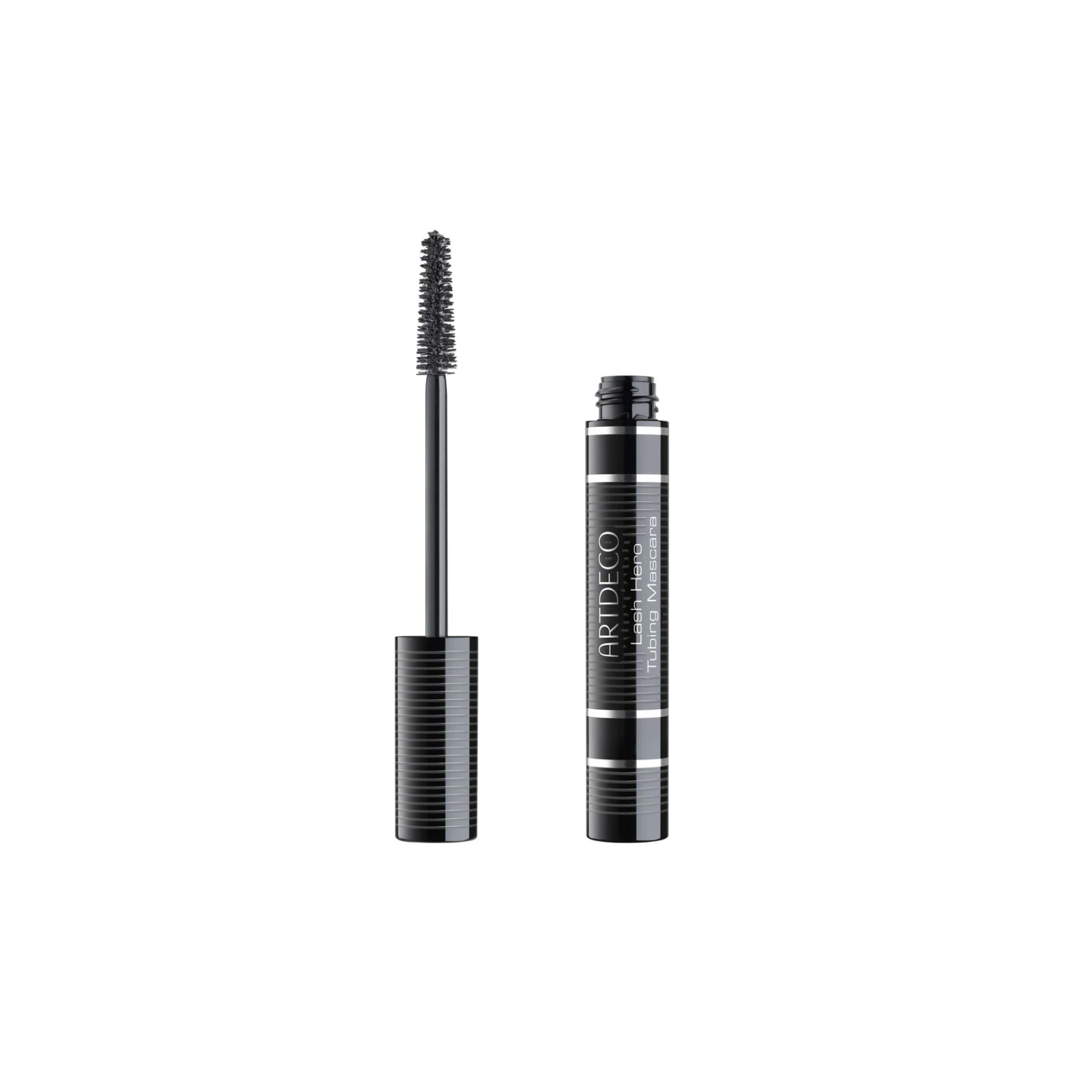 ARTDECO Lash Hero Tubing Mascara brush and wand showing lengthening and curling effects on lashes.