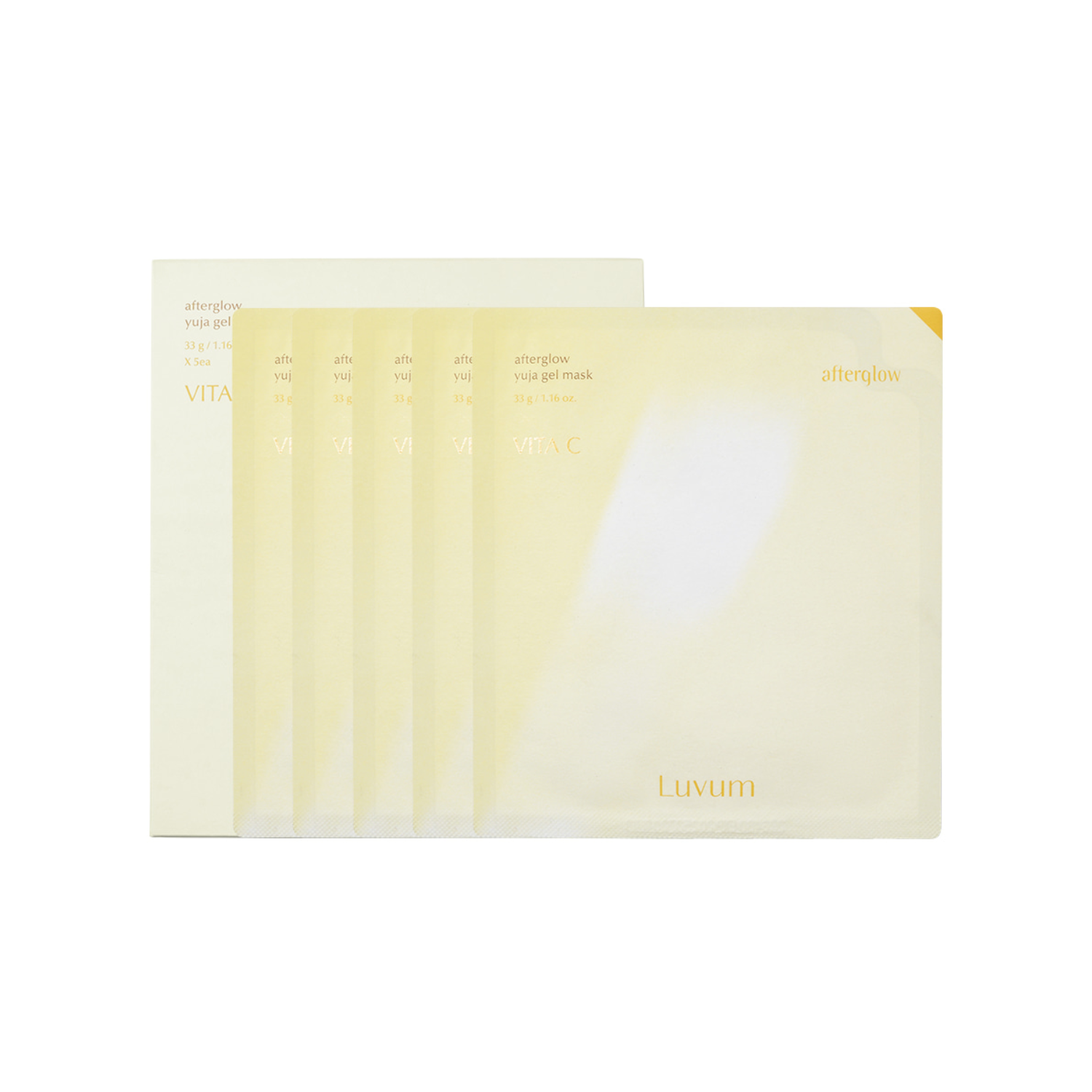 Luvum After Glow Yuja Gel Mask sheet masks, set of 5, featuring brightening and hydrating skincare with citrus extract.