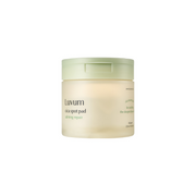 Luvum Calming Repair Cica Spot Pads, 60-pack toner pads for soothing and repairing skin, displayed in a clear container.