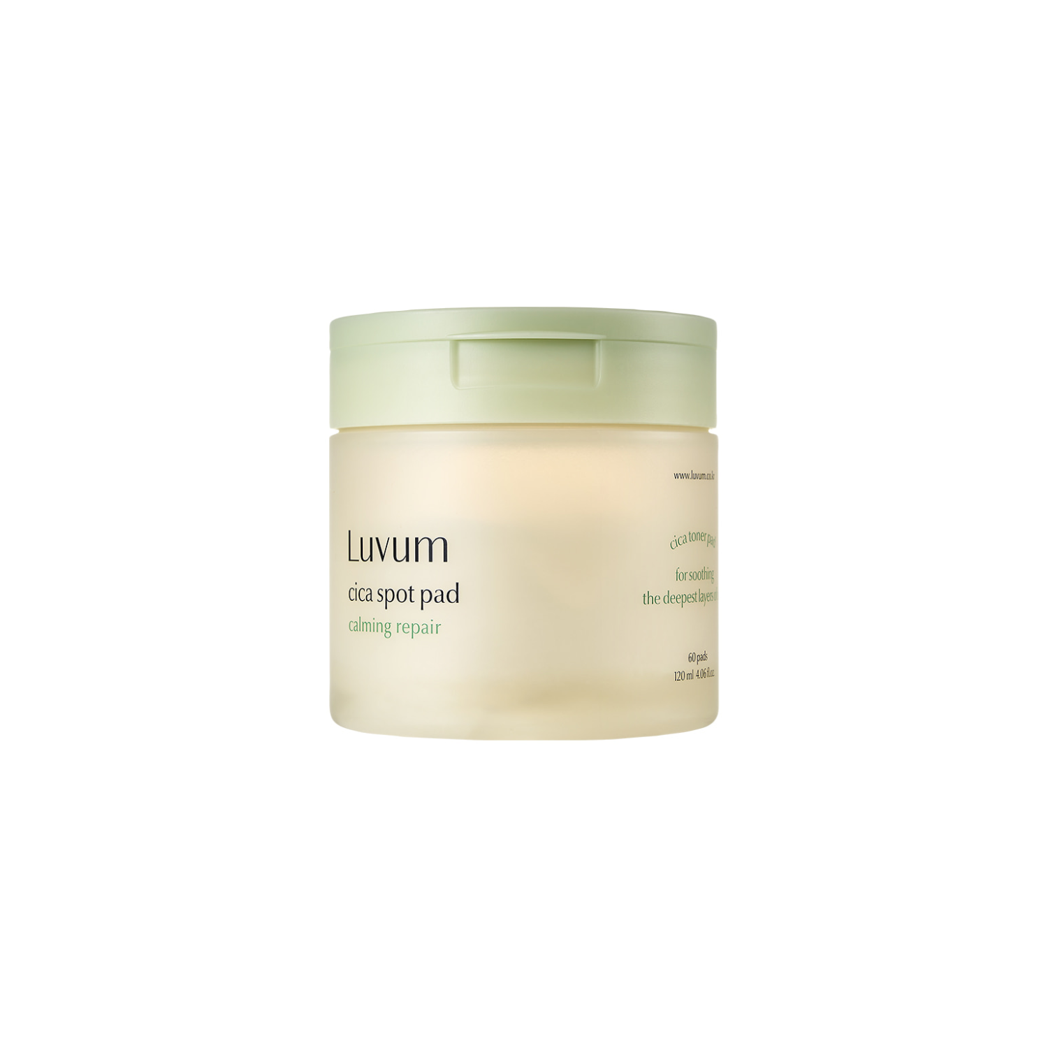 Luvum Calming Repair Cica Spot Pads, 60-pack toner pads for soothing and repairing skin, displayed in a clear container.