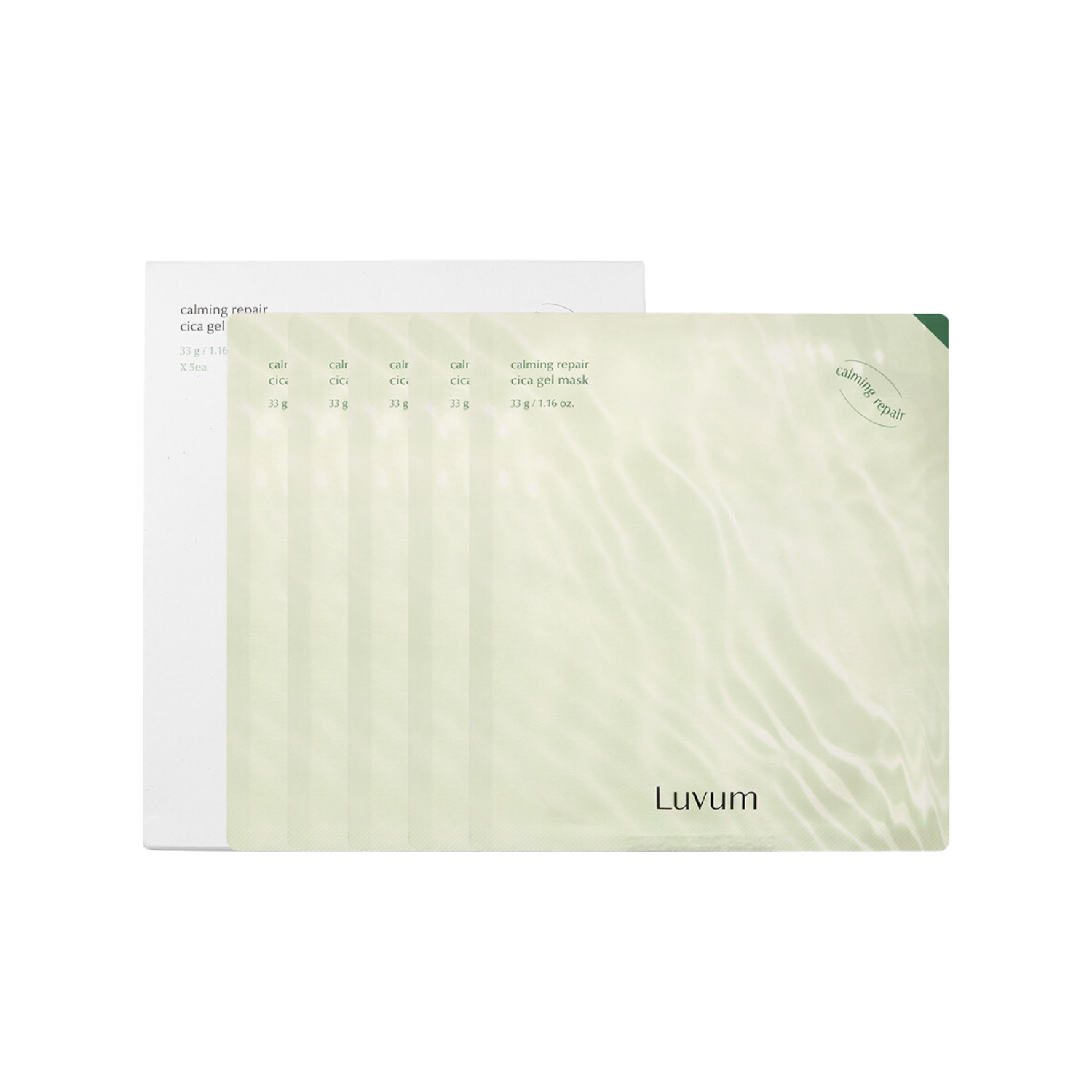 Luvum Calming Repair Cica Gel Sheet Mask box with 5pcs, soothing skincare masks for calming and repairing skin.