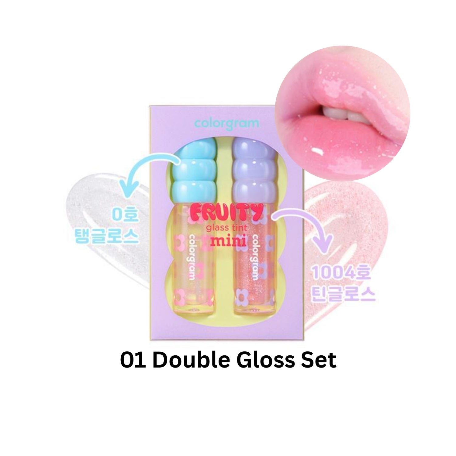 Colorgram Fruity Glass Tint Mini Duo Set featuring two vibrant lip tints in clear glass containers with colorful fruit-inspired packaging.