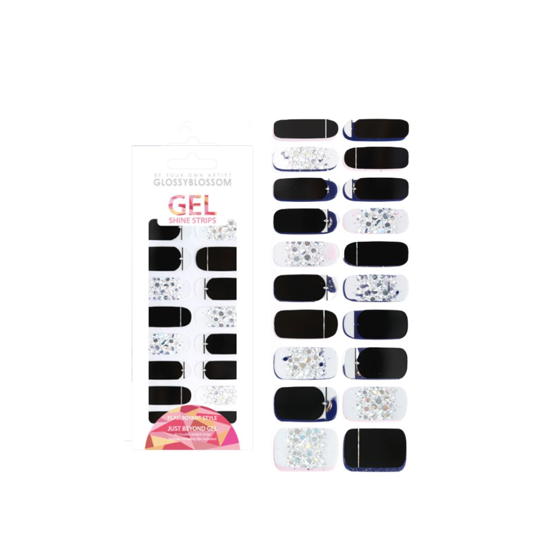 Glossy Blossom gel nail strips in Line Sparkling design, showcasing sparkly, patterned nail art on natural nails.