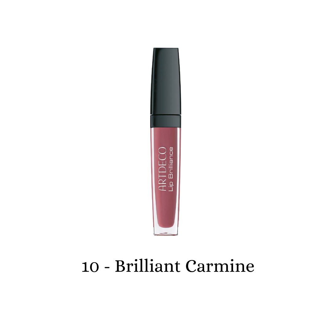 ARTDECO Lip Brilliance lip tint in brilliant carmine, showcasing a vibrant, glossy red lip color on smooth lips.