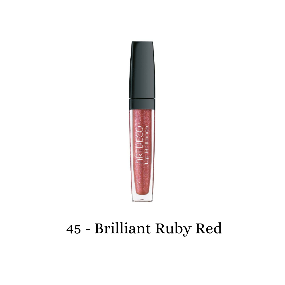 ARTDECO Lip Brilliance lip tint in brilliant ruby red, showcasing a vibrant, glossy lipstick shade on smooth lips.