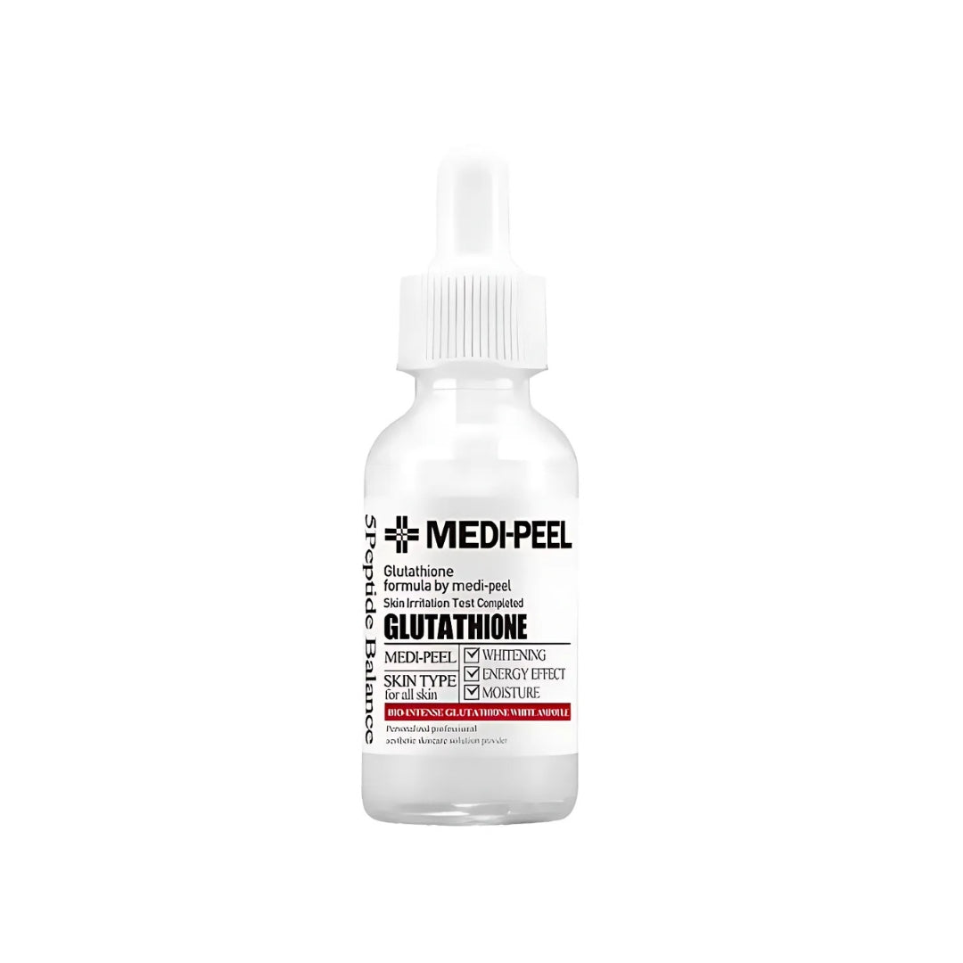 Medipeel Bio Intense Glutathione White Ampoule 30ml bottle with clear label and dropper cap, skincare serum for brightening and whitening.