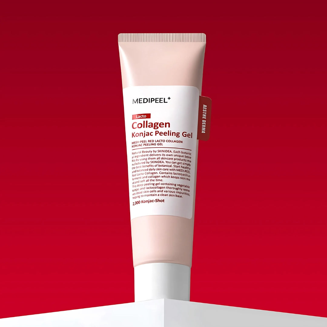 Red Lacto Collagen Konjac Peeling Gel from MEDIPEEL+ in a 95ml tube, showcasing its smooth, creamy exfoliant texture.
