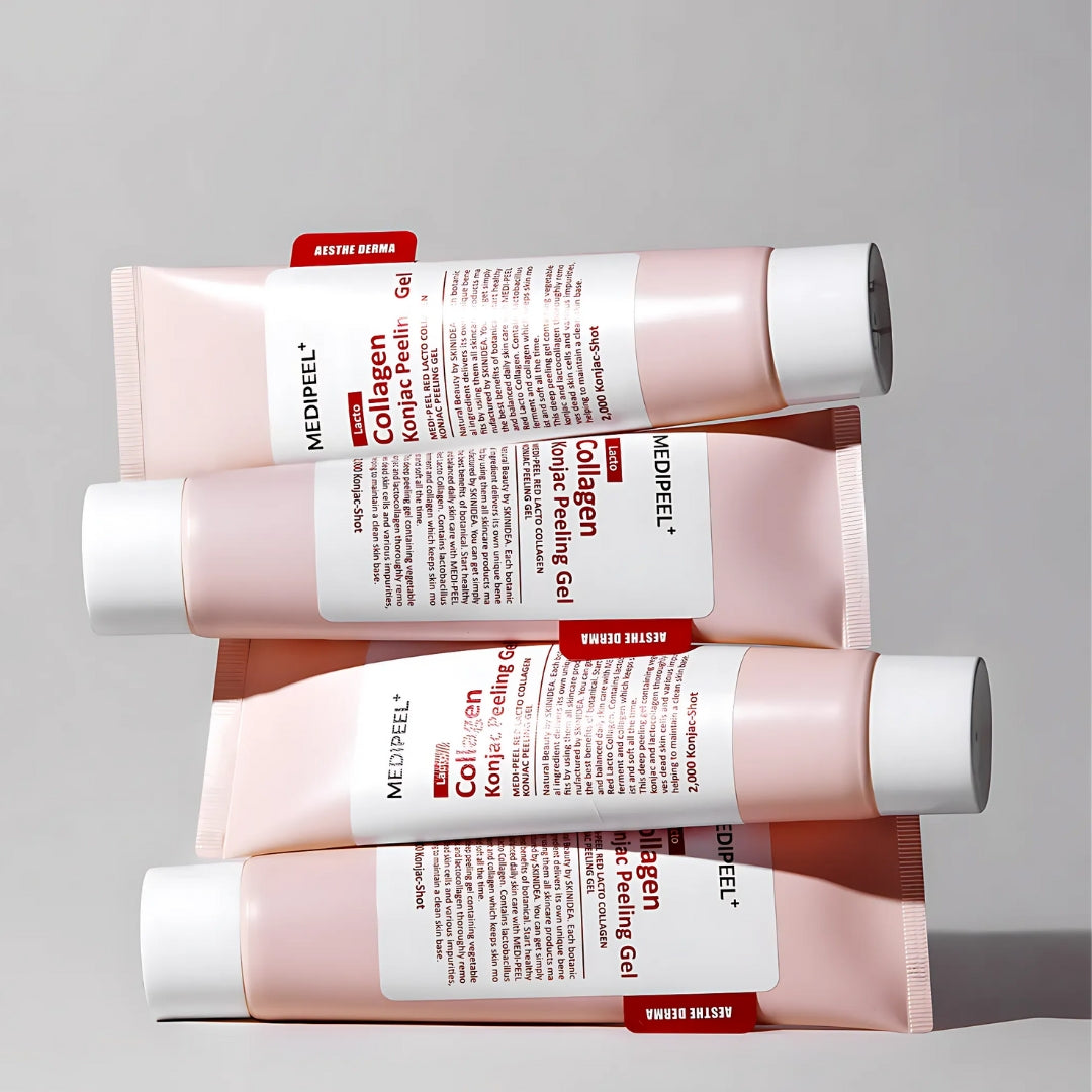 Red Lacto Collagen Konjac Peeling Gel by MEDIPEEL+ in a 95ml tube, shown with its textured gel formula for gentle facial exfoliation.