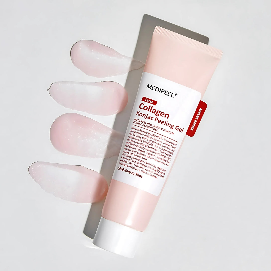 Red Lacto Collagen Konjac Peeling Gel by MEDIPEEL+ in a 95ml tube, showing the exfoliating gel with a smooth, creamy texture.