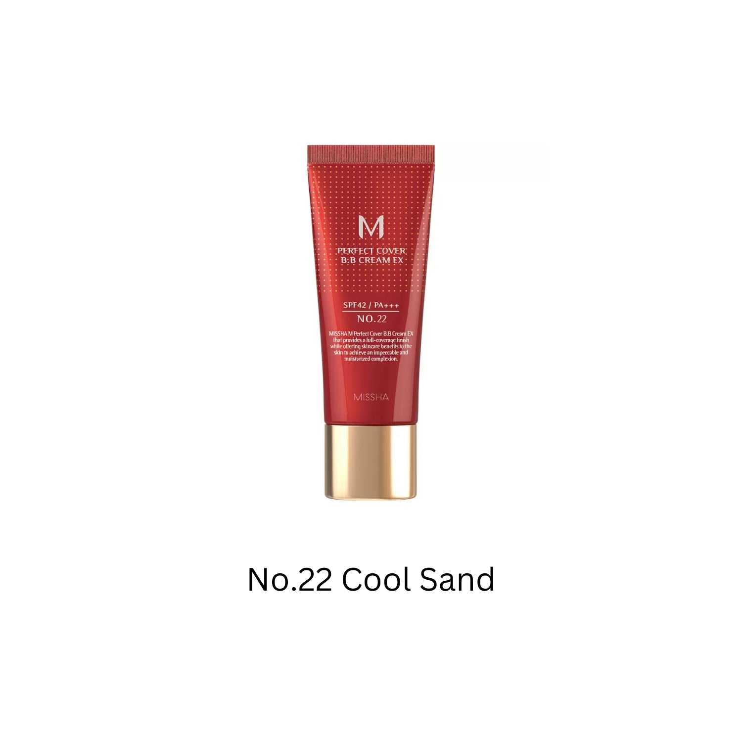 Missha M Perfect Cover BB Cream EX SPF42 PA++ in No.22 Cool Sand, 20ml tube, with beige shade and product packaging.