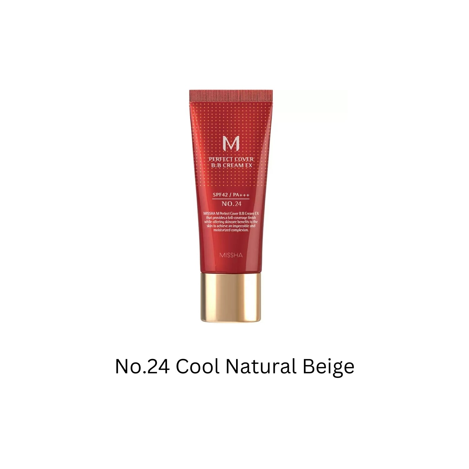 Missha M Perfect Cover BB Cream EX SPF42 PA, 20ml in No. 24 Cool Natural Beige, with a sleek tube and product label.