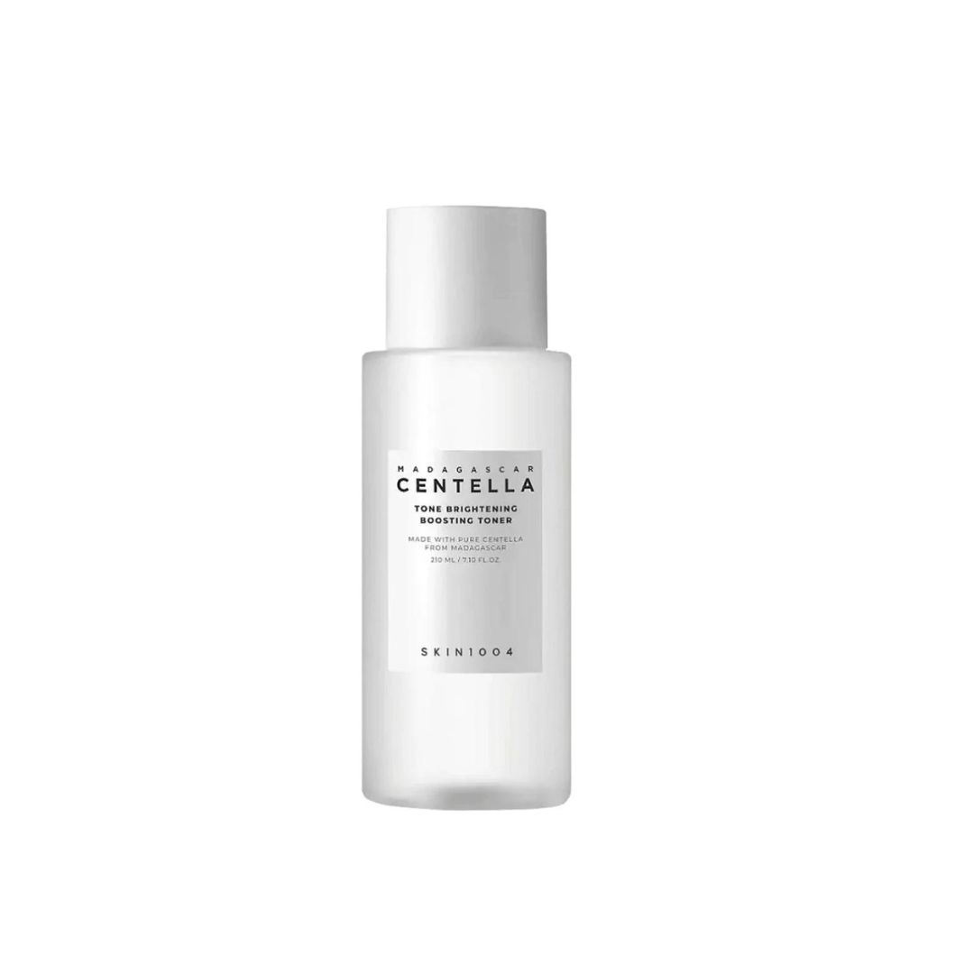SKIN1004 Madagascar Centella Brightening Boosting Toner in 210ml bottle, featuring clear liquid and minimalist packaging.
