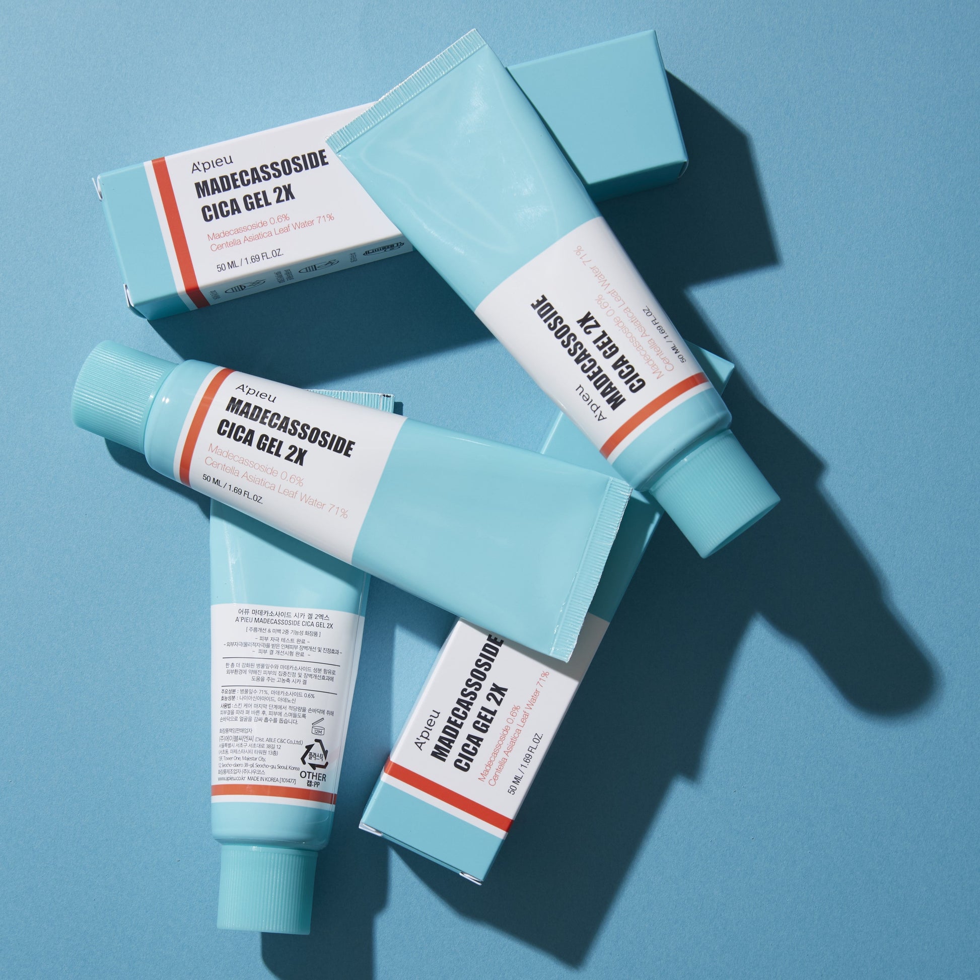 A'pieu Madecassoside Cica Gel 2X face moisturizer in a 50ml tube, designed for soothing and hydrating skin.