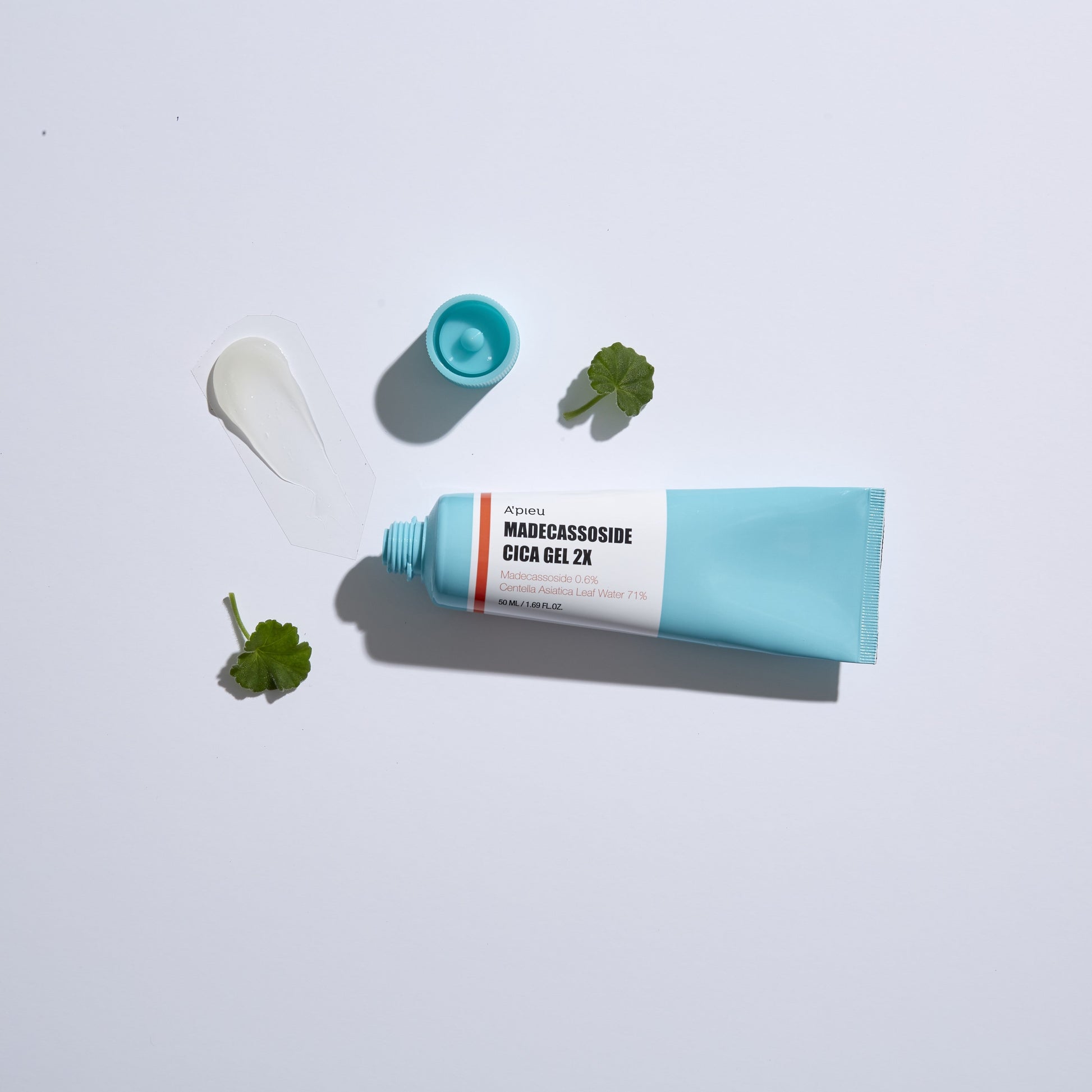 A'pieu Madecassoside Cica Gel 2X face moisturizer in a 50ml tube, featuring a soothing, clear gel texture suitable for sensitive skin.