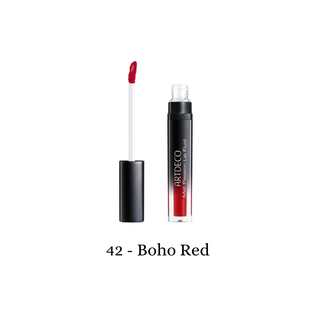ARTDECO Mat Passion Lip Fluid lip tint in boho red, showcasing smooth, matte finish on lips.