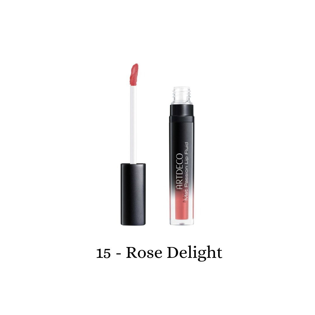 ARTDECO Mat Passion Lip Fluid in Rose Delight, showcasing a smooth, matte lip tint with a soft pink hue.