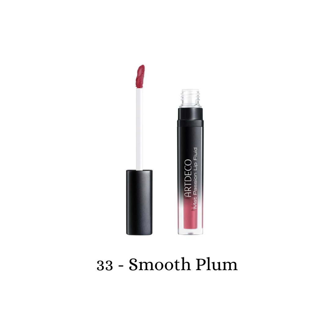 ARTDECO Mat Passion Lip Fluid lip tint in smooth plum shade, showcasing a matte finish and vibrant color on lips.