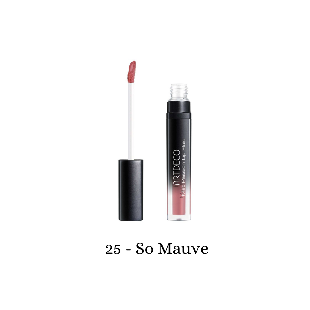 ARTDECO Mat Passion Lip Fluid lip tint in mauve, showcasing smooth, matte finish on lips with a natural, stylish look.
