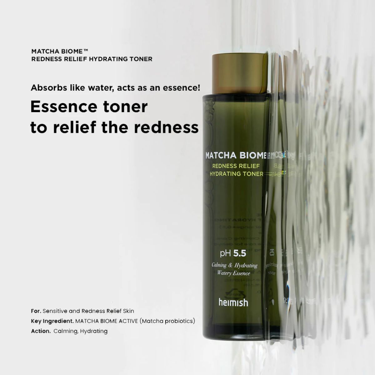 Heimish Matcha Biome Redness Relief Hydrating Toner in a 150ml bottle, with fresh green matcha ingredients and soothing design.