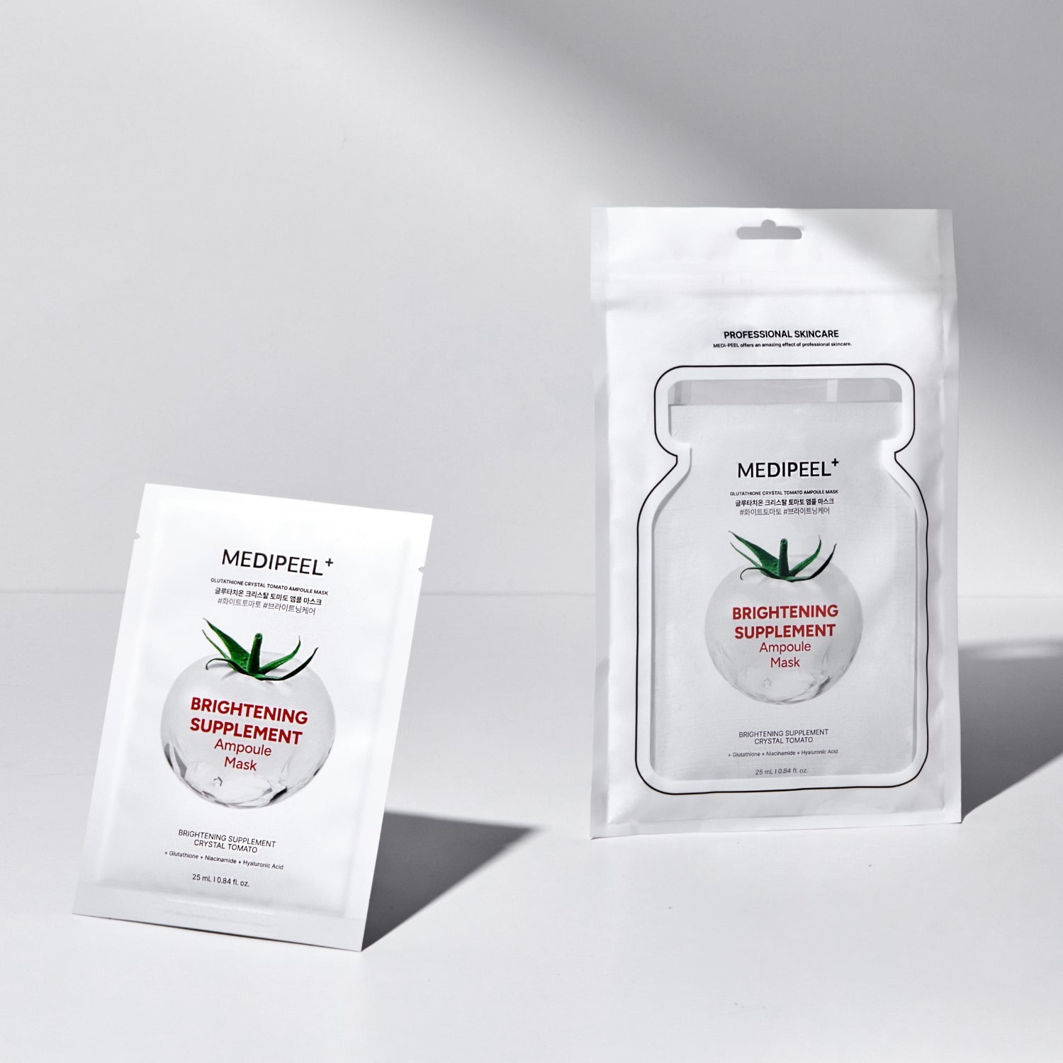 Box of 10 Glutathione Crystal Tomato Ampoule Sheet Masks by MEDIPEEL+ with bright packaging and individual masks ready for skincare.