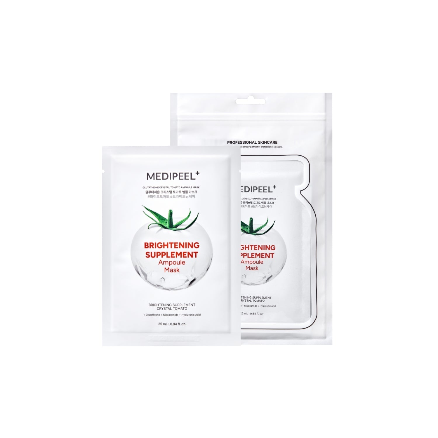 Box of 10 MEDIPEEL+ Glutathione Crystal Tomato Ampoule Sheet Masks showing individual masks with tomato and crystal imagery.