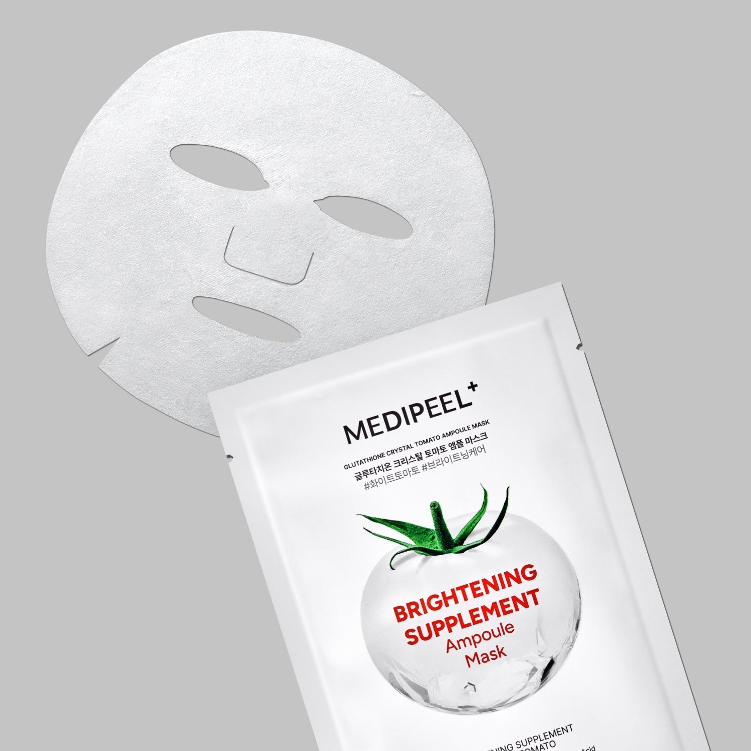 Box of 10 MEDIPEEL+ Glutathione Crystal Tomato Ampoule Sheet Masks, each in a 25ml packet, for brightening skin.