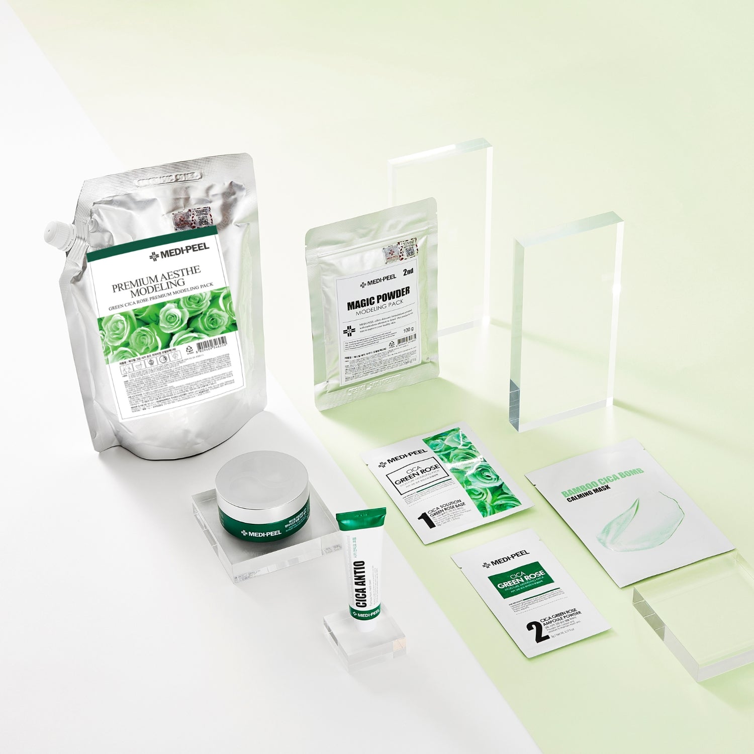 Green Cica Rose Premium Modeling Mask Set by MEDIPEEL+ in a 1kg package, showing the creamy, green-colored skincare mask.