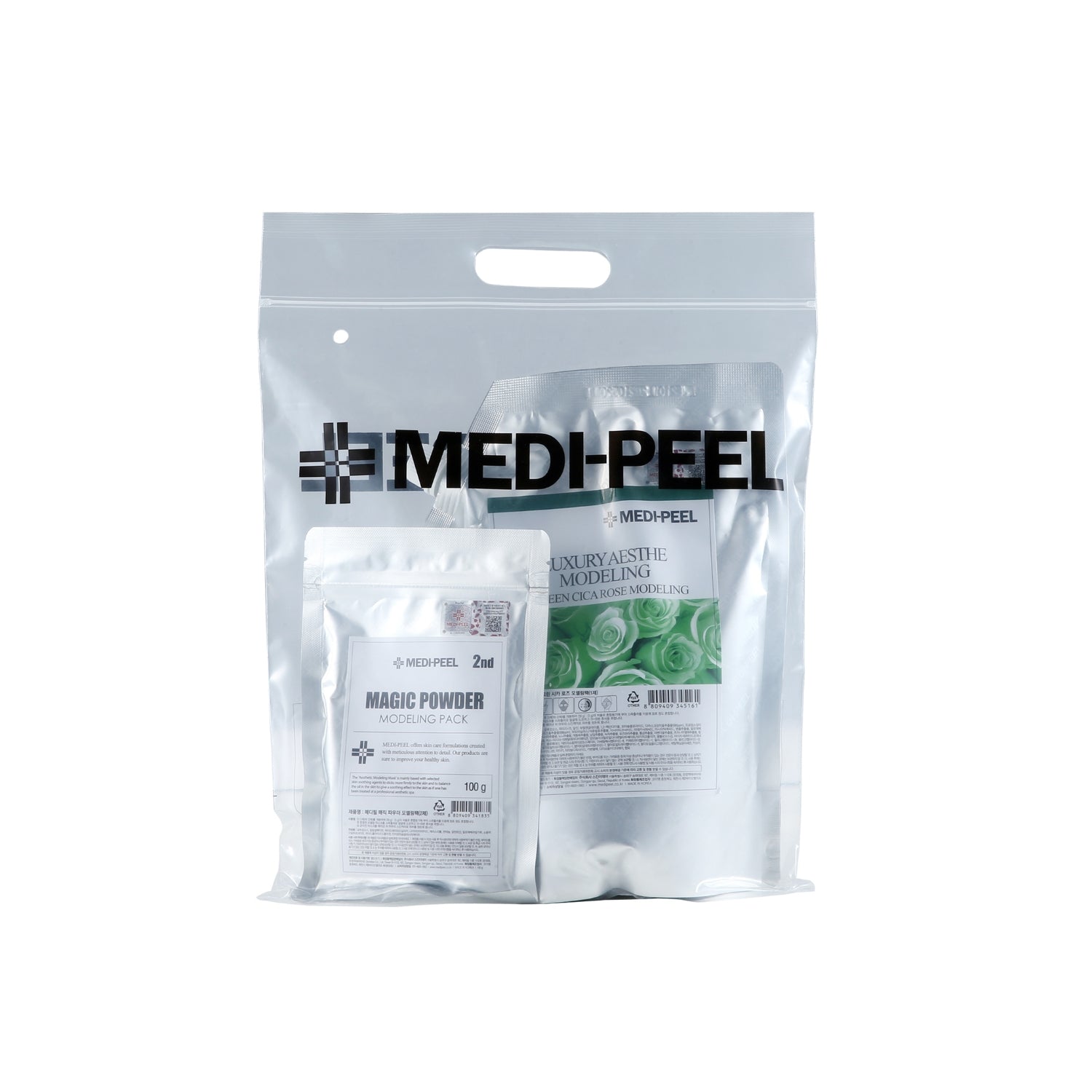 Green Cica Rose modeling mask set by MEDIPEEL+ in a 1kg container, showing the creamy green and rose-colored skincare product.