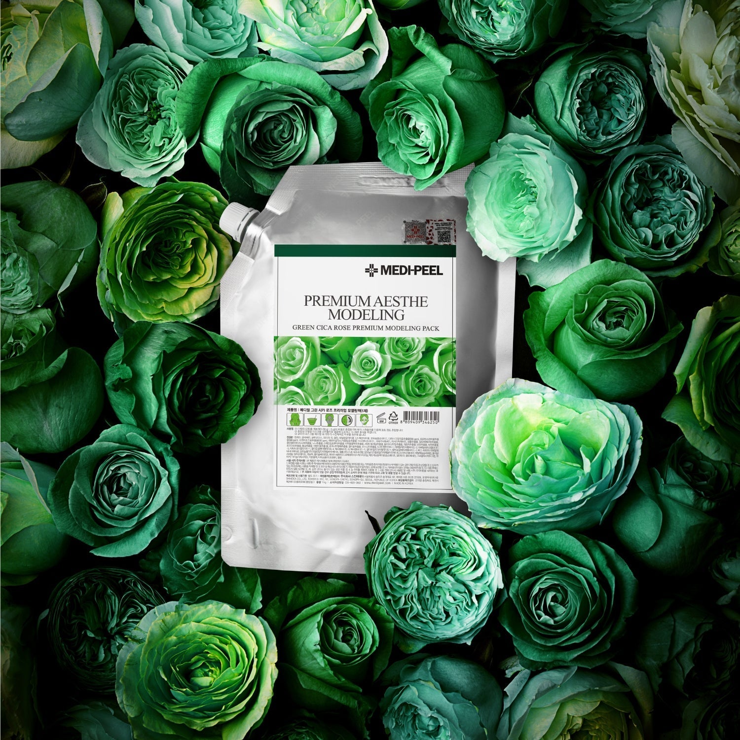 Green Cica Rose Premium Modeling Mask Pack set by MEDIPEEL+ in 1kg container, showing the green and rose-colored modeling mask product.