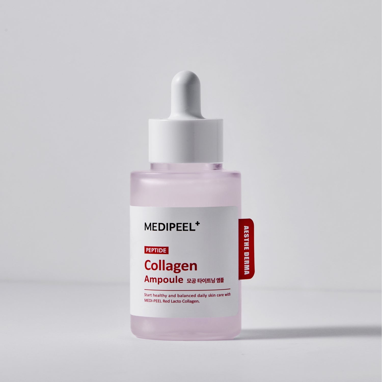 Red Lacto Collagen tightening ampoule from MEDIPEEL+ in a 70ml bottle, featuring a clear liquid and sleek packaging.