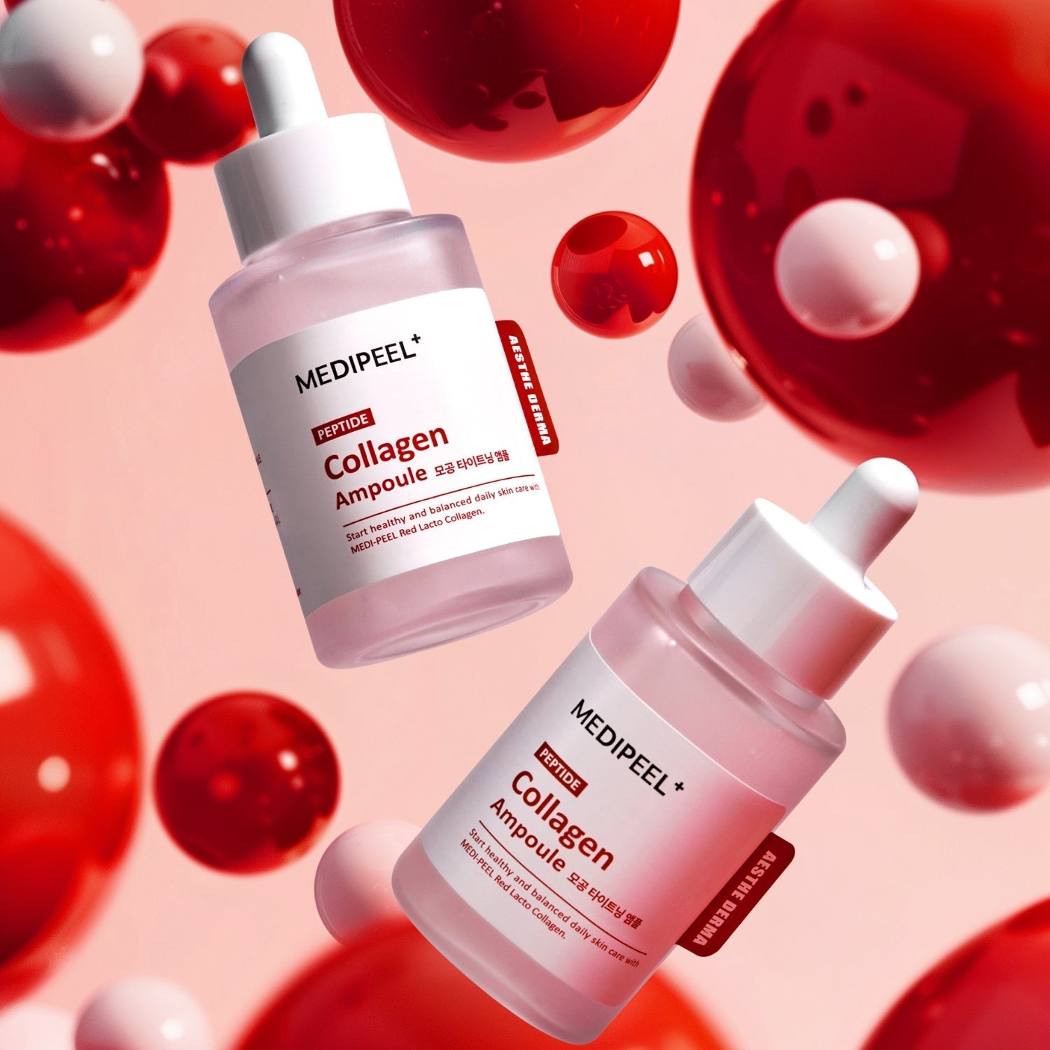 Red Lacto Collagen Tightening Ampoule by MEDIPEEL+ in a 70ml bottle, featuring a sleek red packaging and clear liquid inside.