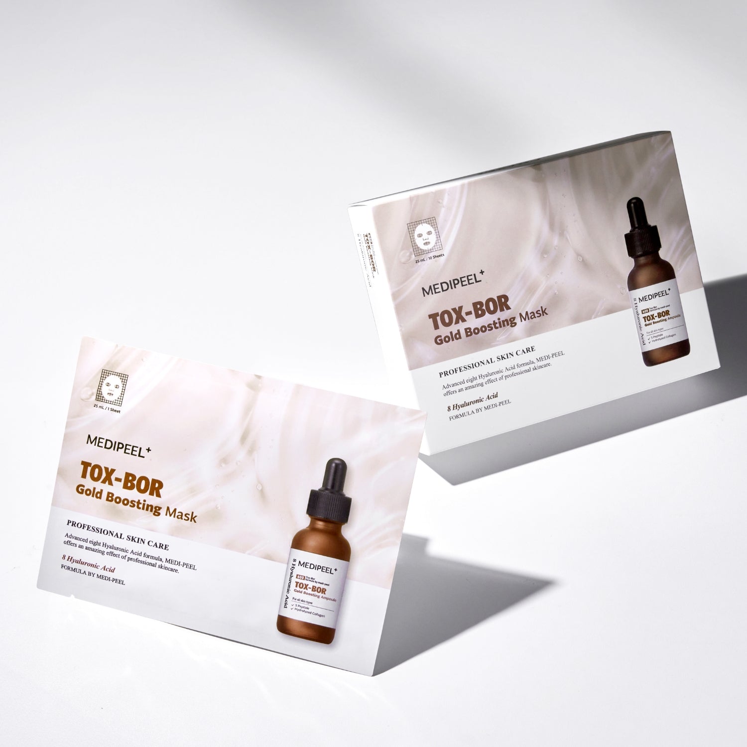 Medipeel Tox-Bor Gold Boosting Mask sheet mask showing gold-infused fabric and packaging for skin rejuvenation and hydration.