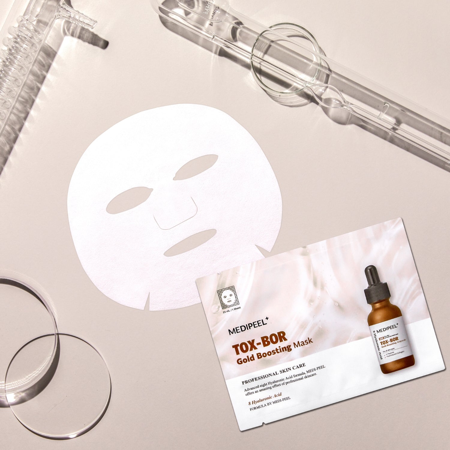 MEDIPEEL+ Tox-Bor Gold Boosting Sheet Mask 25ml, showing the luxurious gold-infused sheet mask for skin rejuvenation.