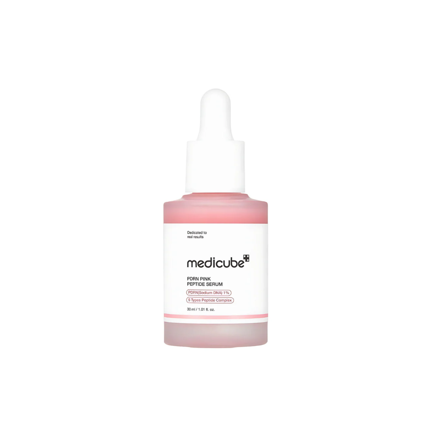 Medicube PDRN Pink Peptide Serum 30ml bottle with a sleek pink and white design, showcasing the serum container on a clean background.