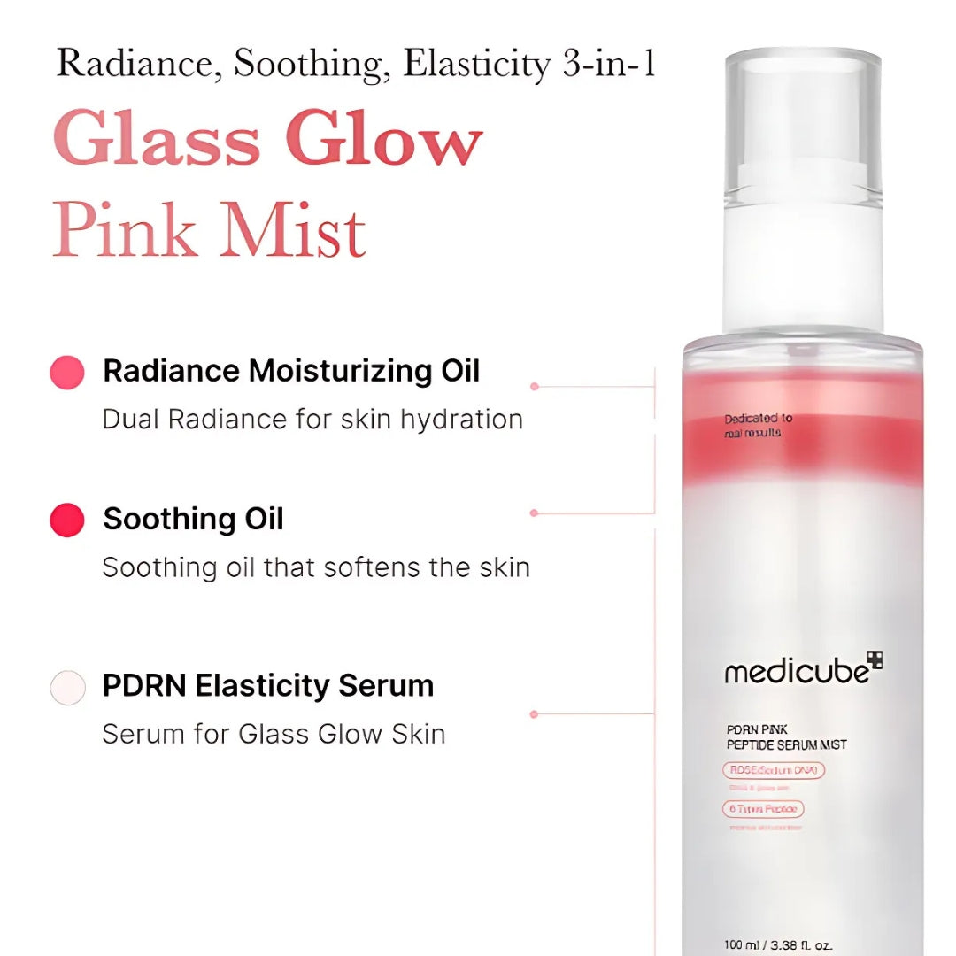 Medicube PDRN Pink Glutathione Serum Mist 100ml spray bottle, hydrating face mist with skincare ingredients for glowing skin.